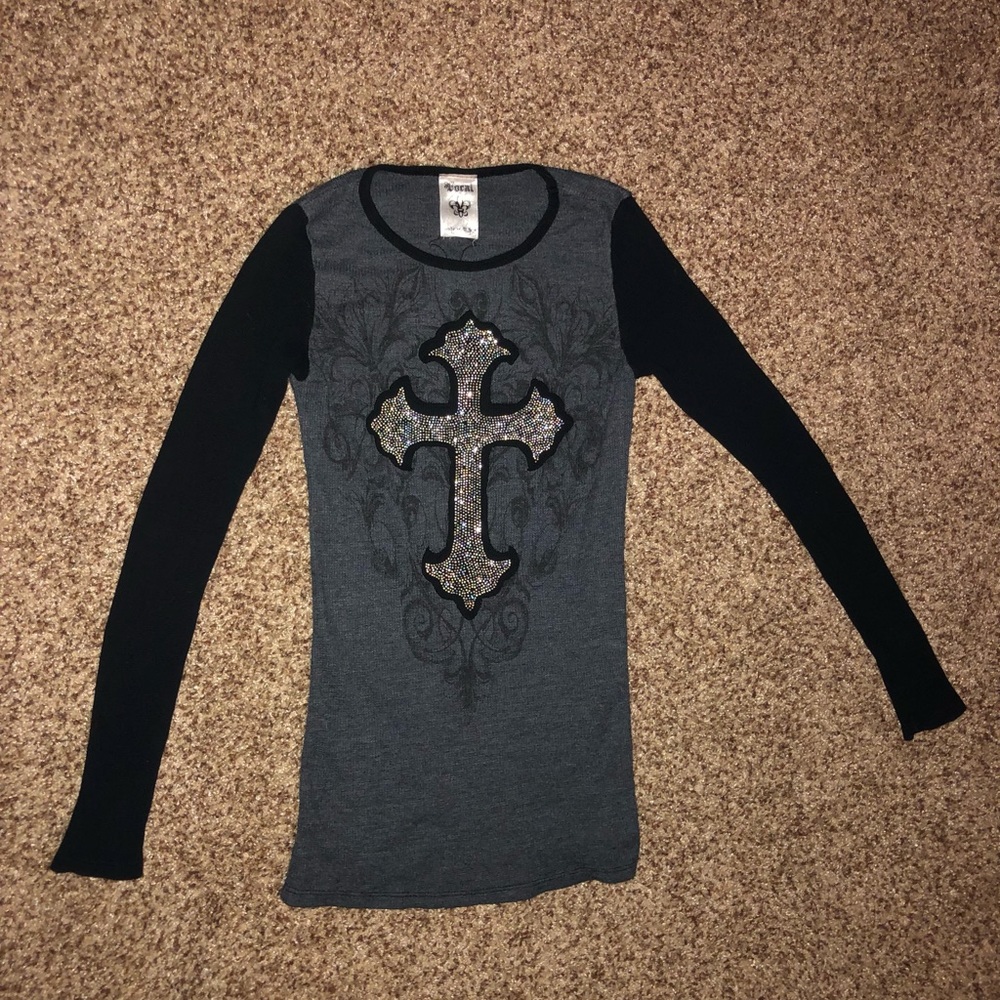 Vocal Rhinestone Cross Long Sleeve Shirt